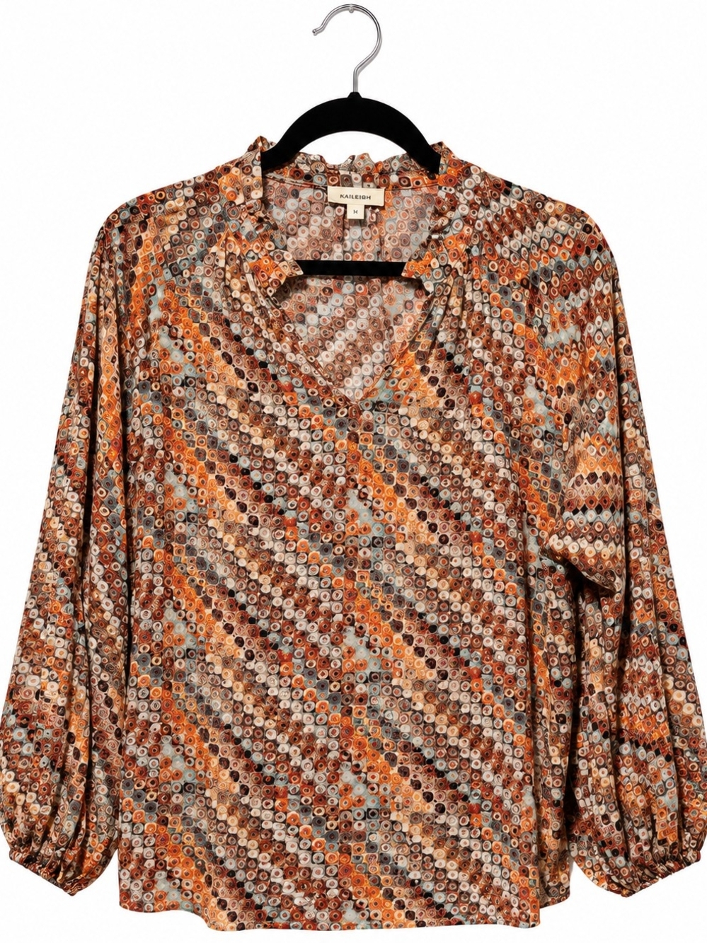 eesome Womens Large V-Neck Blouse Orange And Brown Boho Ruffle Neck Long Sleeve